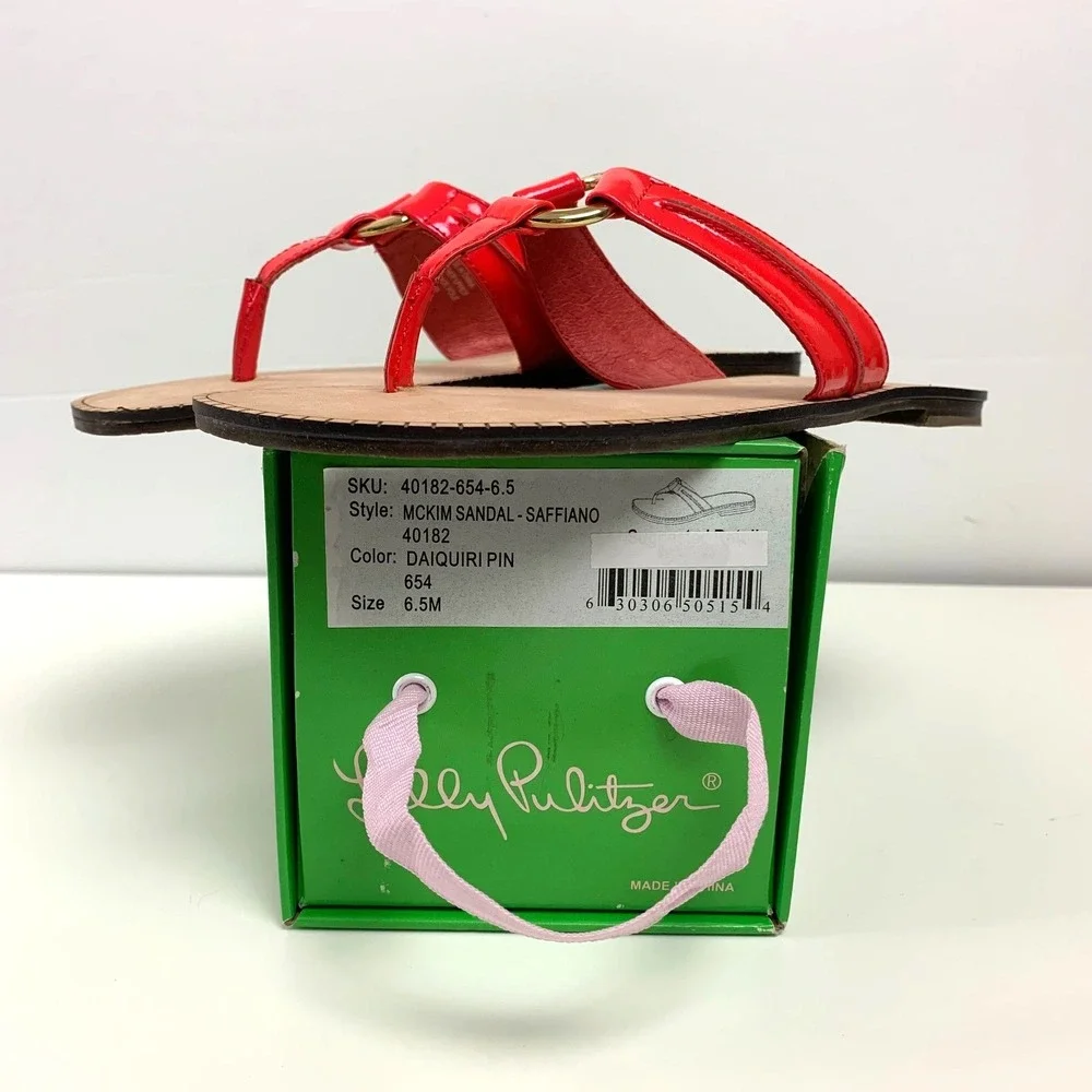 New Lilly Pulitzer McKim Saffiano Leather Thong Sandals 6.5 Daiquiri Pink Coral